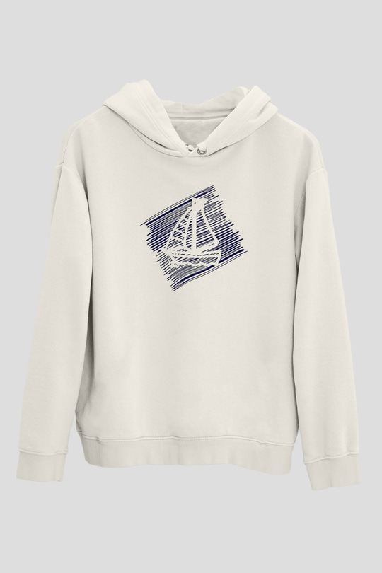 Yelken Baskılı Unisex Ekru Hoodie