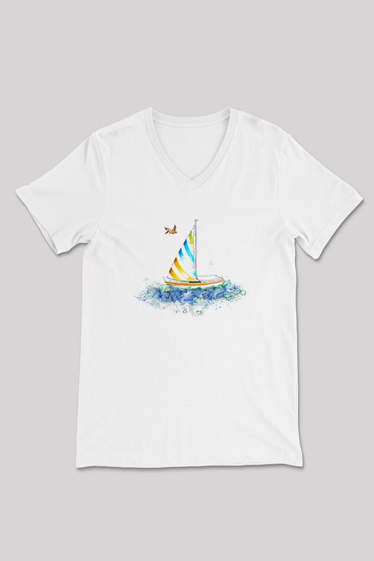 Yelken Baskılı Unisex V Yaka Tişört - Tshirt