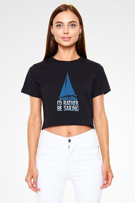 Yelken - Sail Baskılı Crop Top Siyah Kadın Tişört - Tshirt