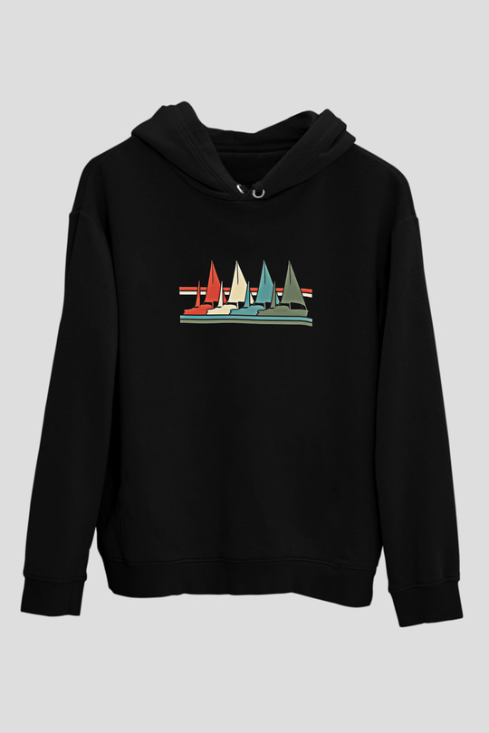 Yelken - Sail Baskılı Unisex Siyah Kapüşonlu Sweatshirt