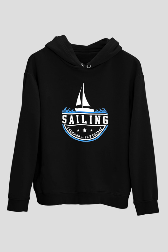 Yelken - Sail Baskılı Unisex Siyah Kapüşonlu Sweatshirt