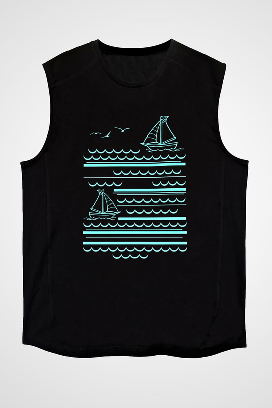 Yelken - Sail Baskılı Unisex Siyah Kolsuz Tişört