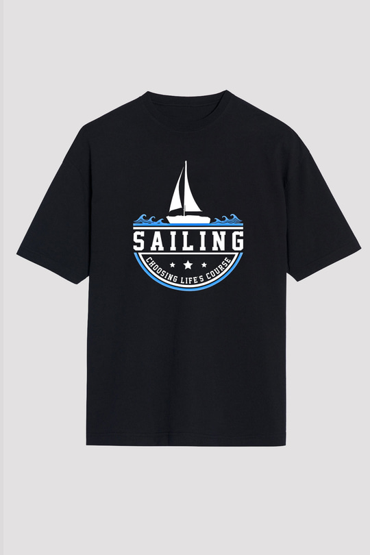 Yelken - Sail Baskılı Unisex Siyah Oversize Tişört
