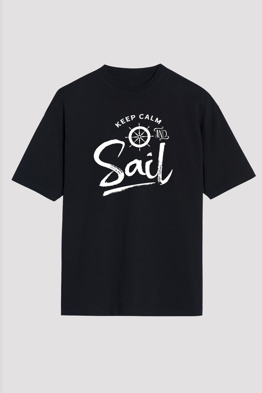 Yelken - Sail Baskılı Unisex Siyah Oversize Tişört