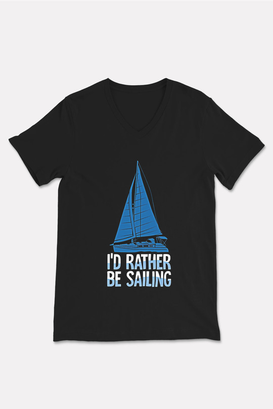 Yelken - Sail Baskılı Unisex Siyah V Yaka Tişört