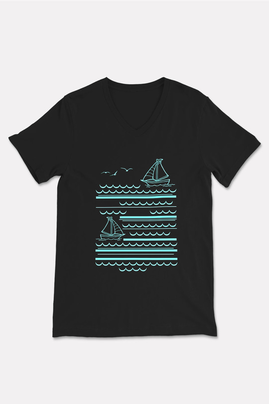 Yelken - Sail Baskılı Unisex Siyah V Yaka Tişört