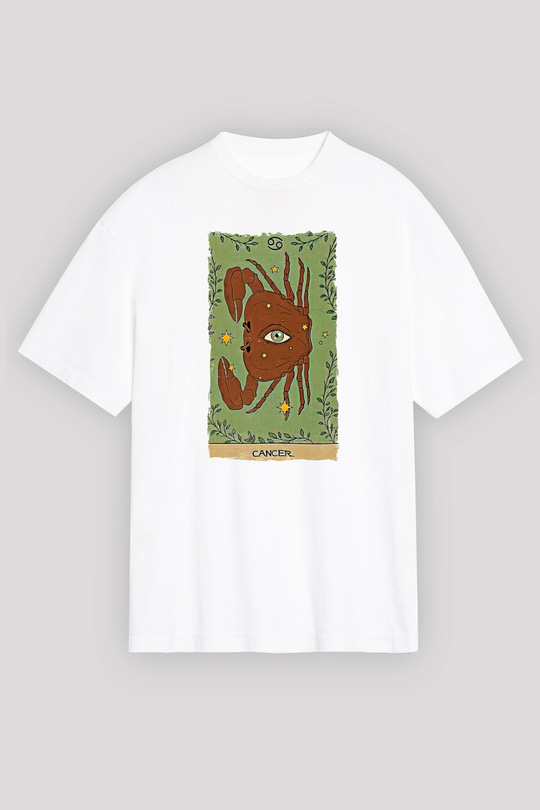 Yengeç Burcu Baskılı Beyaz Unisex Oversize Tişört - Tshirt