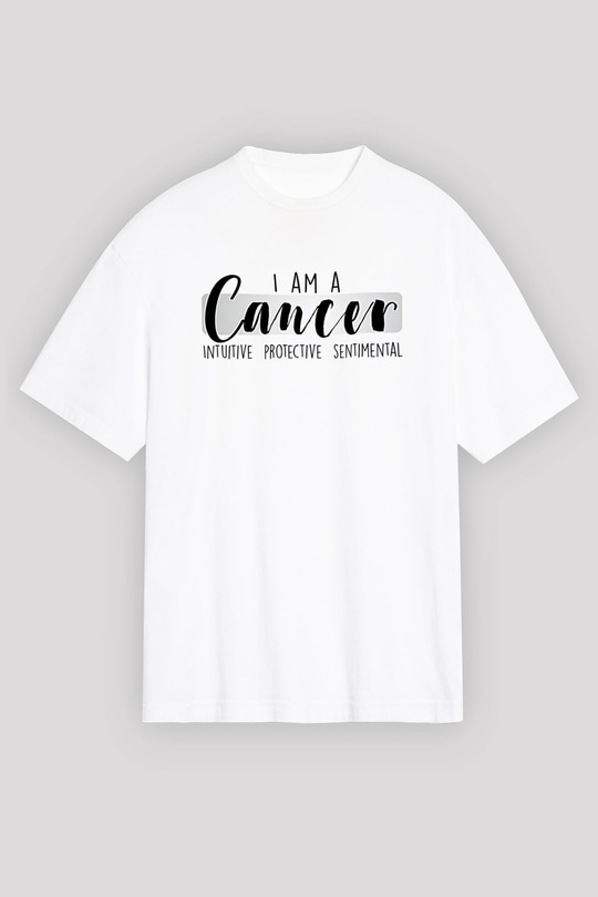 Yengeç Burcu Baskılı Beyaz Unisex Oversize Tişört - Tshirt