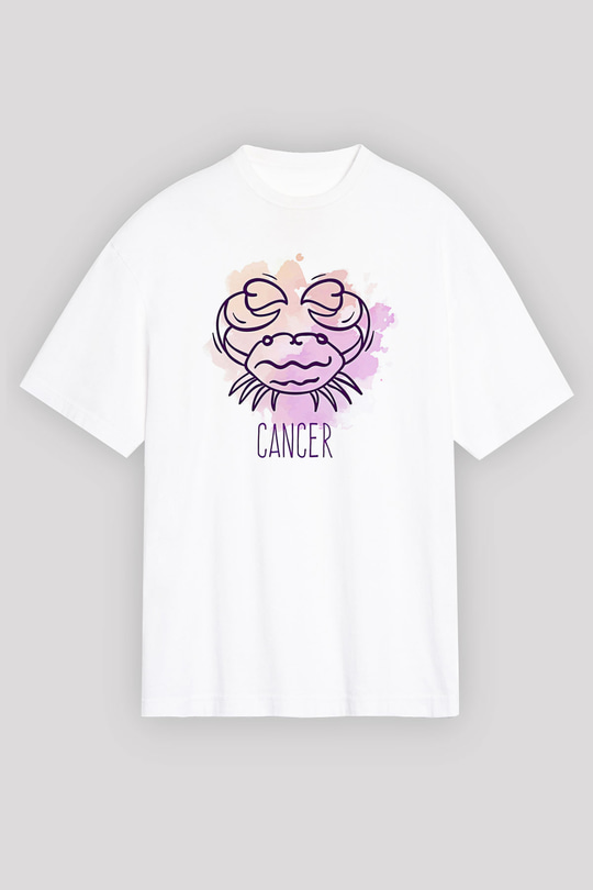 Yengeç Burcu Baskılı Beyaz Unisex Oversize Tişört - Tshirt