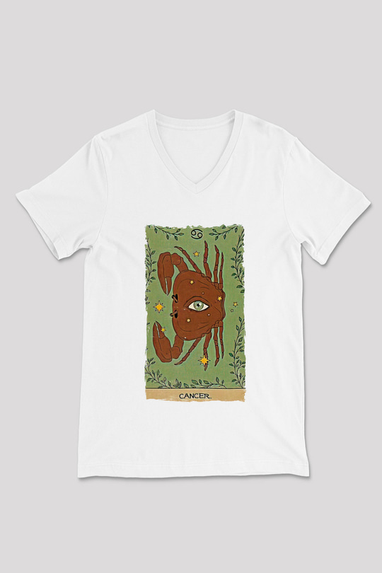 Yengeç Burcu Baskılı Beyaz Unisex V Yaka Tişört - Tshirt