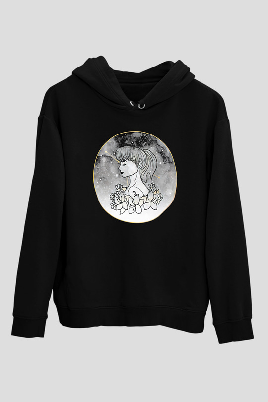 Yengeç Burcu Baskılı Unisex Siyah Hoodie