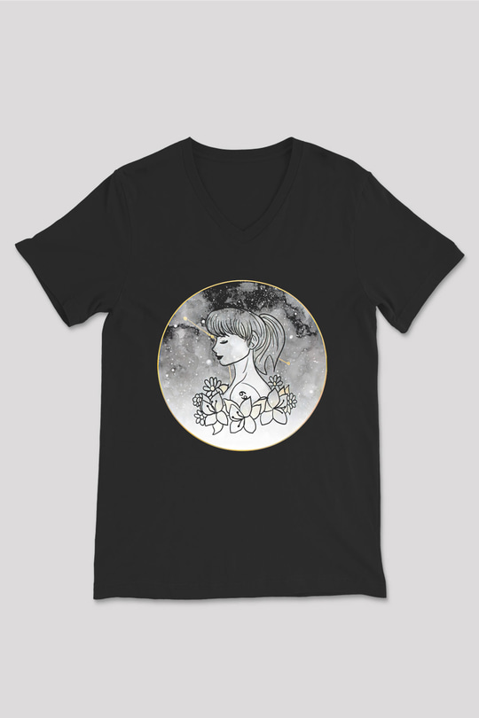 Yengeç Burcu Baskılı Unisex Siyah V Yaka Tişört - Tshirt