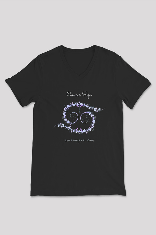 Yengeç Burcu Baskılı Unisex Siyah V Yaka Tişört - Tshirt