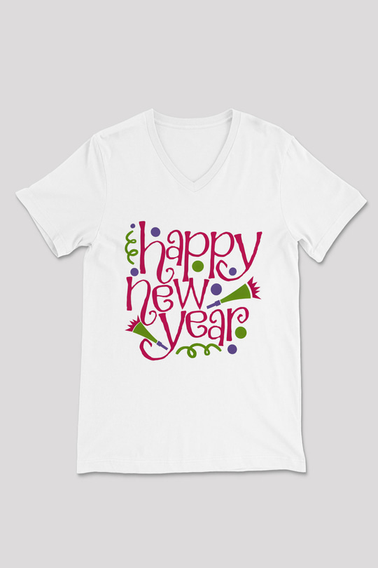 Yılbaşı Beyaz Unisex V Yaka Tişört T-Shirt