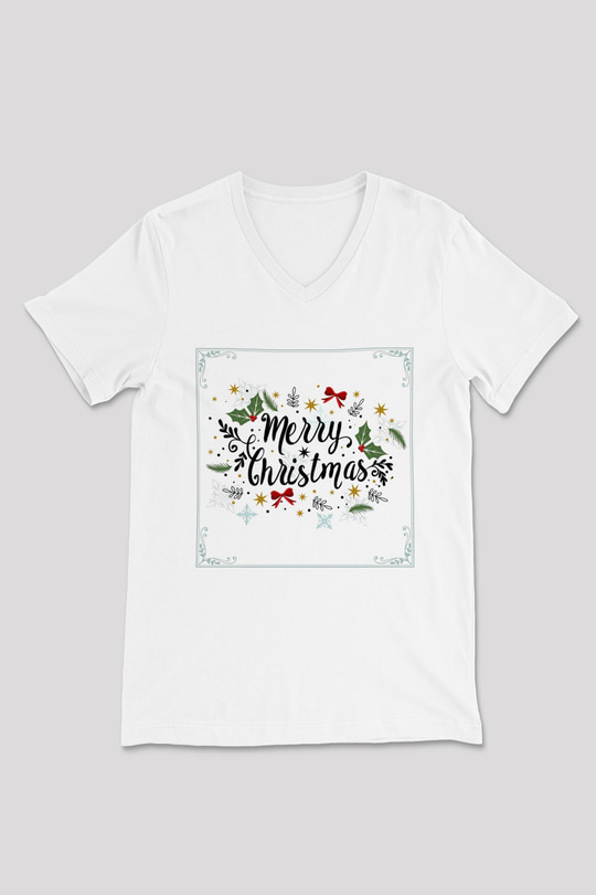 Yılbaşı Beyaz Unisex V Yaka Tişört T-Shirt