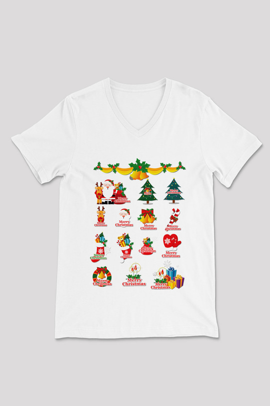 Yılbaşı Beyaz Unisex V Yaka Tişört T-Shirt