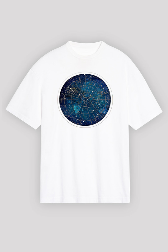 Yıldız Haritaları Baskılı Beyaz Unisex Oversize Tişört - Tshirt