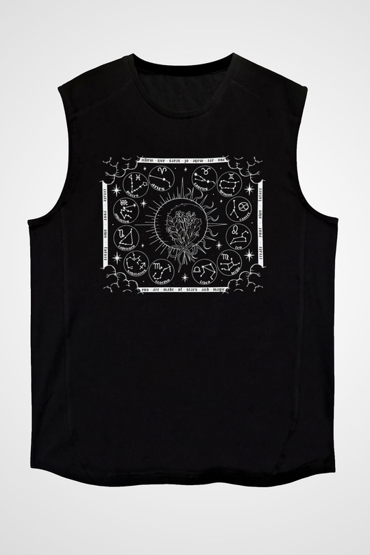 Yıldız Haritaları Baskılı Unisex Siyah Kolsuz Tişört - Tshirt