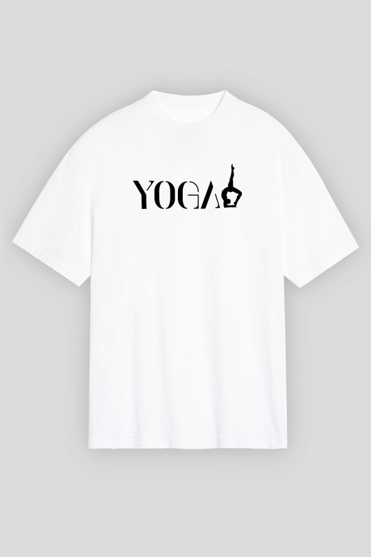 Yoga Baskılı Unisex Beyaz Oversize Tişört - Tshirt