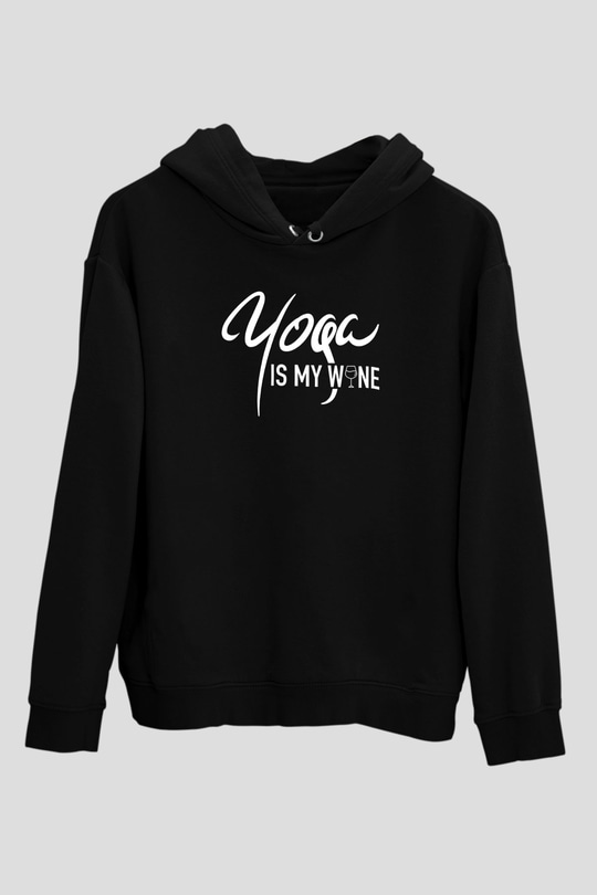 Yoga Baskılı Unisex Siyah Kapüşonlu Sweatshirt