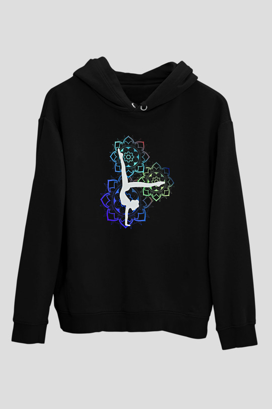 Yoga Baskılı Unisex Siyah Kapüşonlu Sweatshirt