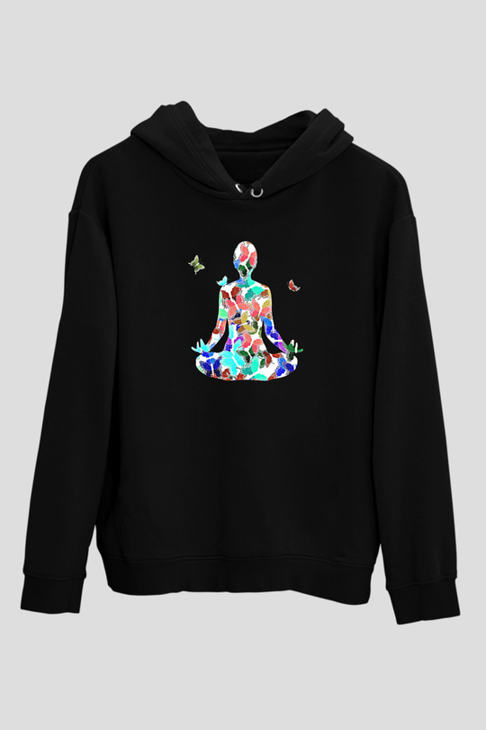Yoga Baskılı Unisex Siyah Kapüşonlu Sweatshirt