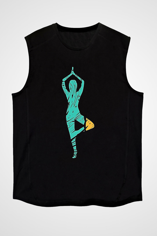 Yoga Baskılı Unisex Siyah Kolsuz Tişört
