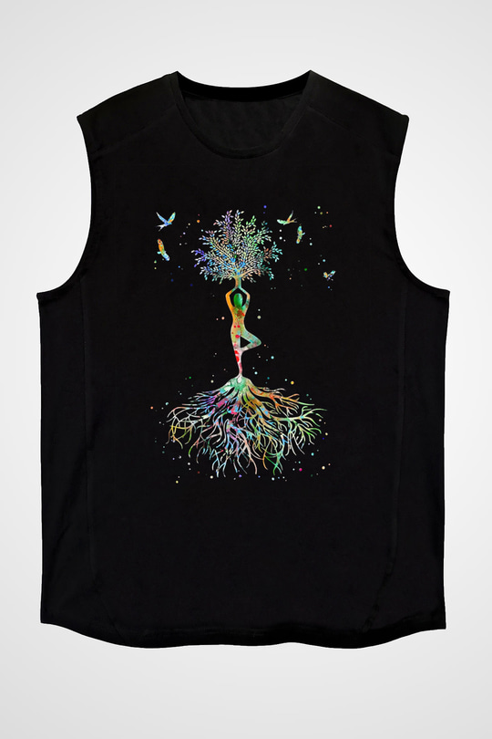 Yoga Baskılı Unisex Siyah Kolsuz Tişört