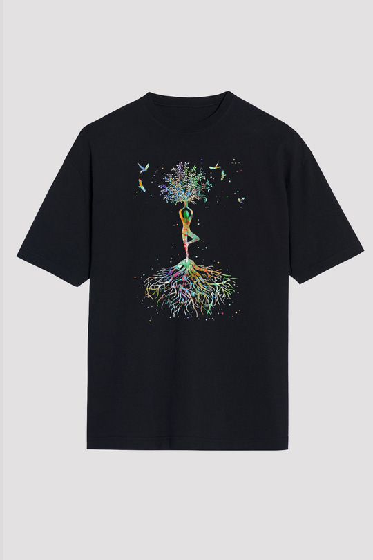 Yoga Baskılı Unisex Siyah Oversize Tişört