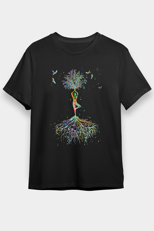 Yoga Baskılı Unisex Siyah Tişört - Tshirt