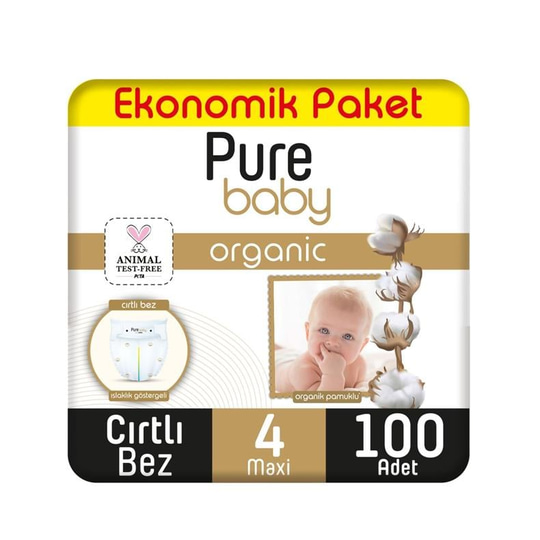 Pure Baby Organik Pamuklu Cırtlı Bez Ekonomik Paket 4 Numara Maxi 100 Adet