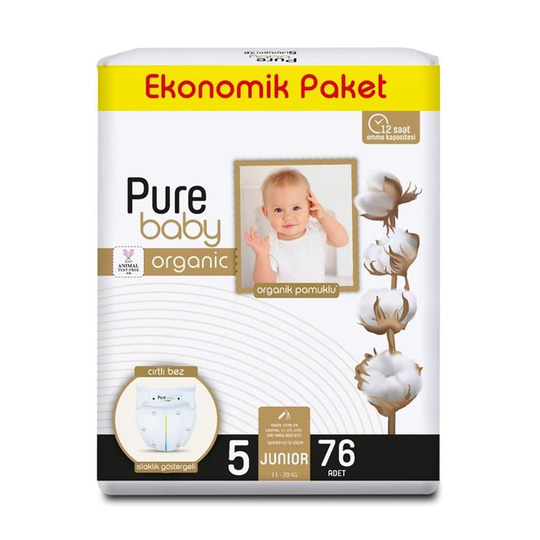 Pure Baby Organik Pamuklu Cırtlı Bez Ekonomik Paket 5 Numara Junior 76 Adet