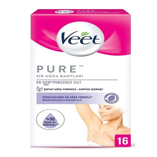 Veet Pure Bikini Bölgesi ve Koltuk Altı İçin Hipoalerjenik Sir Ağda Bandı 16'lı + 3 Adet Temizleme Mendili Hediye