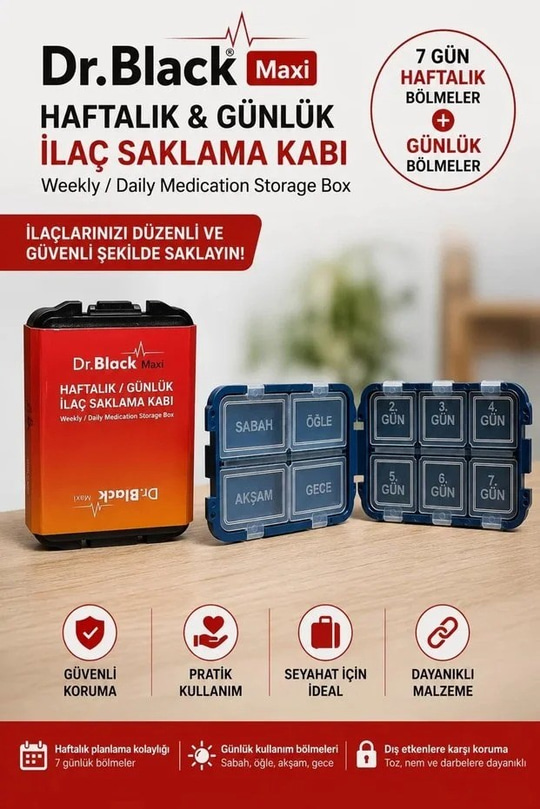 Dr Black Maxi Haftalık İlaç Saklama Kutusu - 12'li Stant