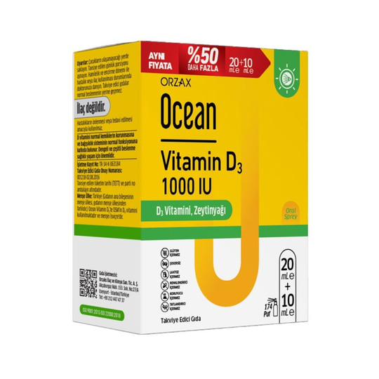 Ocean Vitamin D3 Sprey 1000 IU 20 ml + 10 ml - %50 Daha Fazla