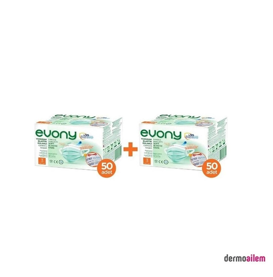 Maske & SiperlikEvonyEvony 3 Katlı Yumuşak Elastik Kulaklı 50'li 2 Paket Yeşil Cerrahi Maske