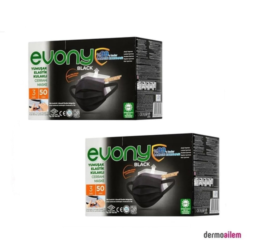 Maske & SiperlikEvonyEvony Black 3 Katlı Yumuşak Elastik Kulaklı Siyah 50'li 2 Paket Cerrahi Maske