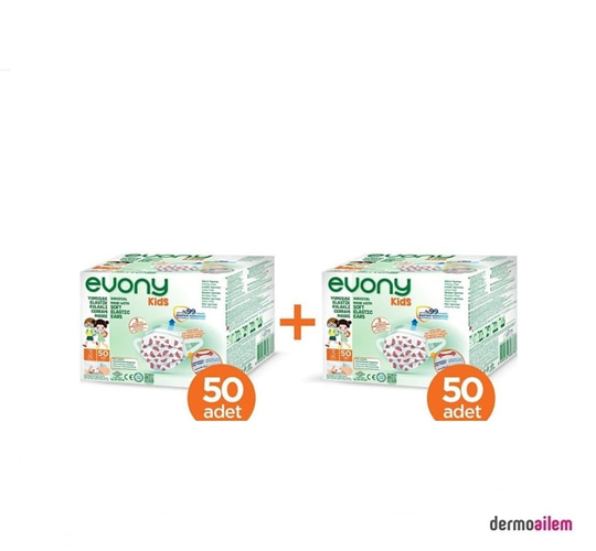 Maske & SiperlikEvonyEvony Kids 3 Katlı Yumuşak Elastik Kulaklı Desenli 50'li 2 Paket Çocuk Maskesi