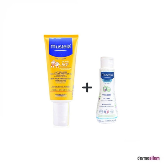 Bebek Güneş SerisiMustelaMustela SPF 50+ Güneş Losyonu 200 ml + Vücut Losyonu 100 ml Hediye