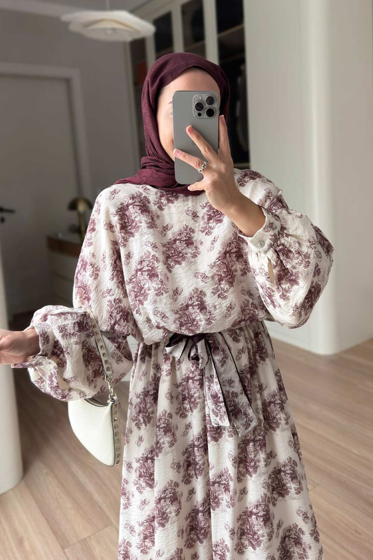 Çiçek Desenli Yarasa Kol Astarlı Elbise - Bordo