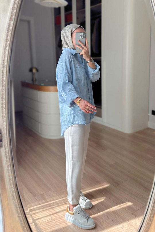 Nakışlı Pul Detay Oversize Gömlek - Mavi