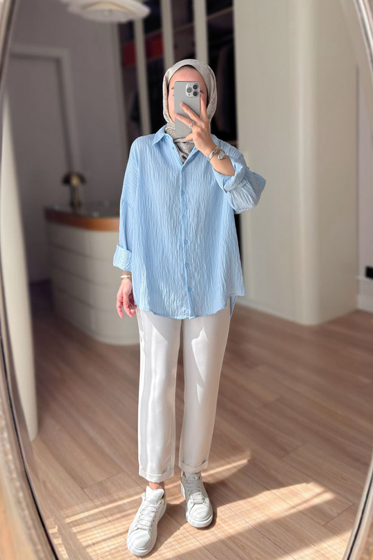 Nakışlı Pul Detay Oversize Gömlek - Mavi