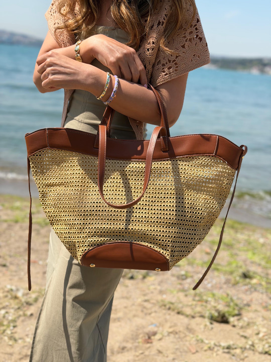 Kahve Deri Detaylı Hasır Çanta Camel