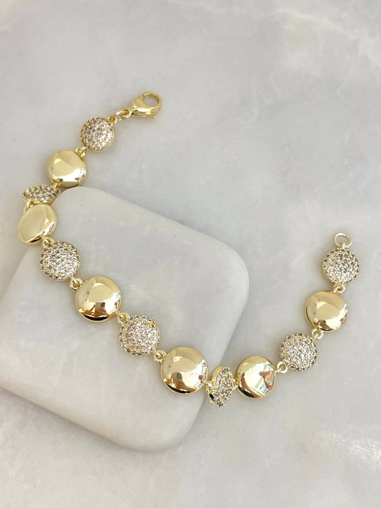 Altın Kaplama Zirkon Taşlı Dizi Bombe Daire Bileklik Gold