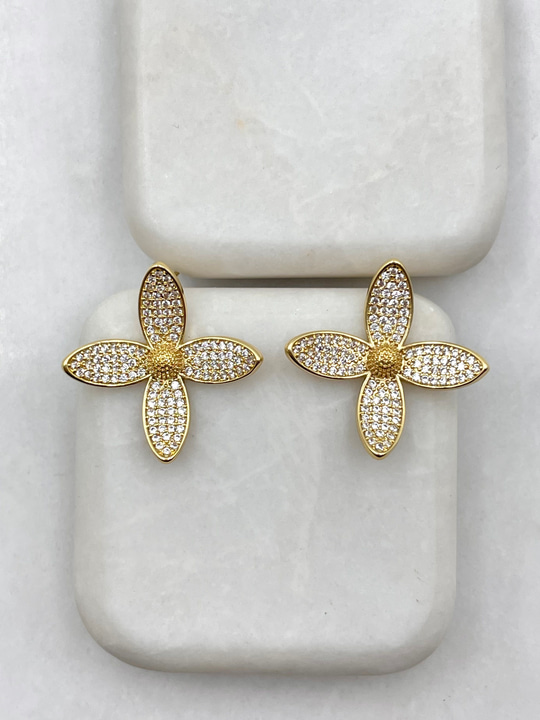 Zirkon Taşlı Dört Yapraklı Çiçek Küpe Gold