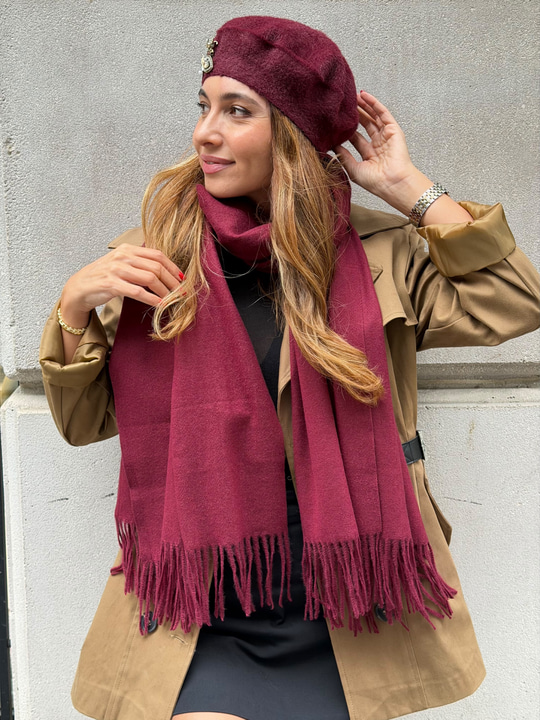 Kaşmir Karışımlı Püsküllü Şal 70-185 cm Bordo
