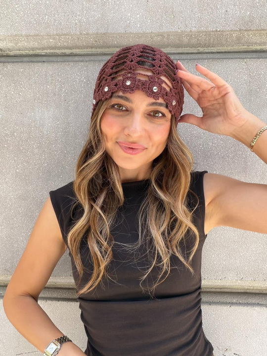 Taşlı File Bandana Şapka Kahve
