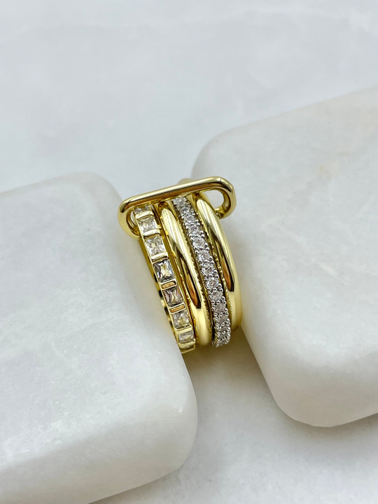 Altın Kaplama Çift Renk Baget ve Gömme Taşlı Dörtlü Halka Yüzük Gold