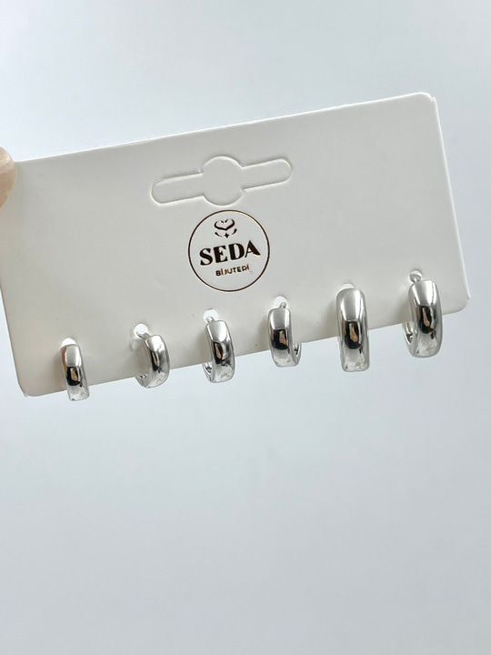 Kare Kesim Halka Model Altılı Set Küpe Gümüş