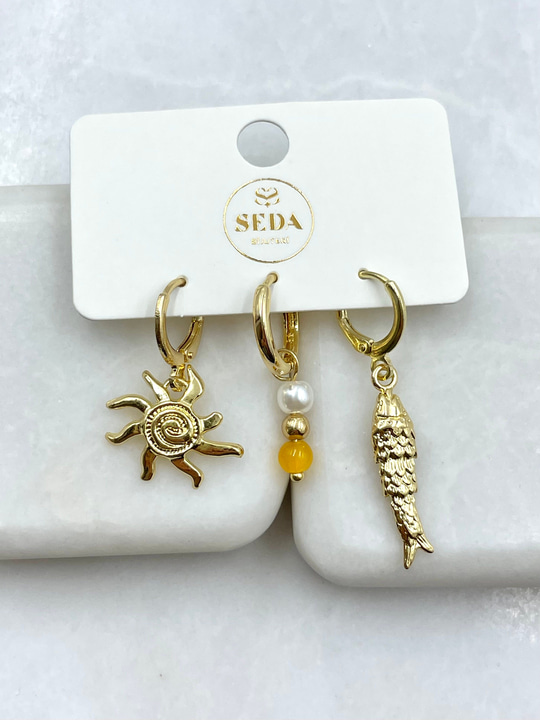 Güneş ve Balık Sallantılı Üçlü Set Küpe Gold